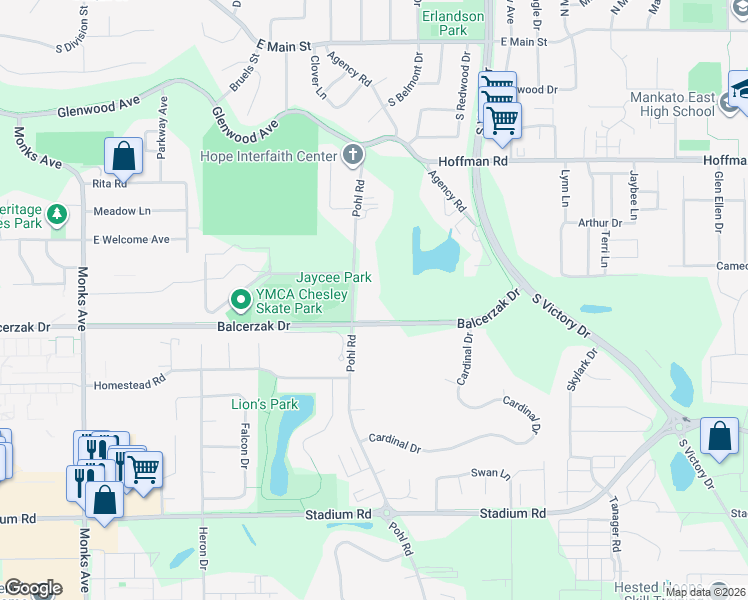 map of restaurants, bars, coffee shops, grocery stores, and more near 1317 Pohl Road in Mankato