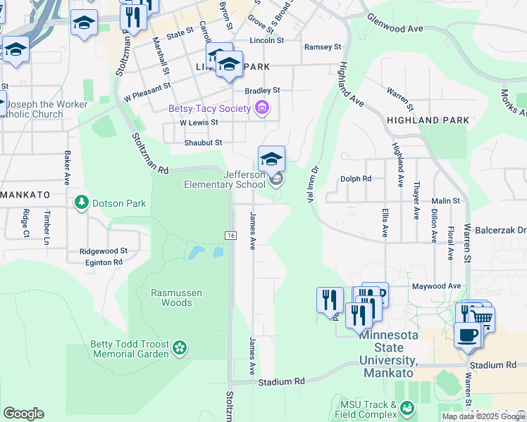 map of restaurants, bars, coffee shops, grocery stores, and more near 224 James Avenue in Mankato