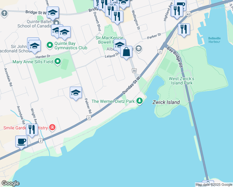 map of restaurants, bars, coffee shops, grocery stores, and more near 246 Dundas Street West in Belleville