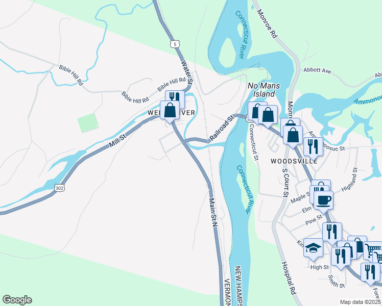 map of restaurants, bars, coffee shops, grocery stores, and more near 10 Railroad Street in Newbury