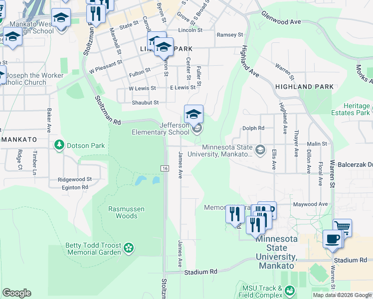 map of restaurants, bars, coffee shops, grocery stores, and more near 100 James Avenue in Mankato