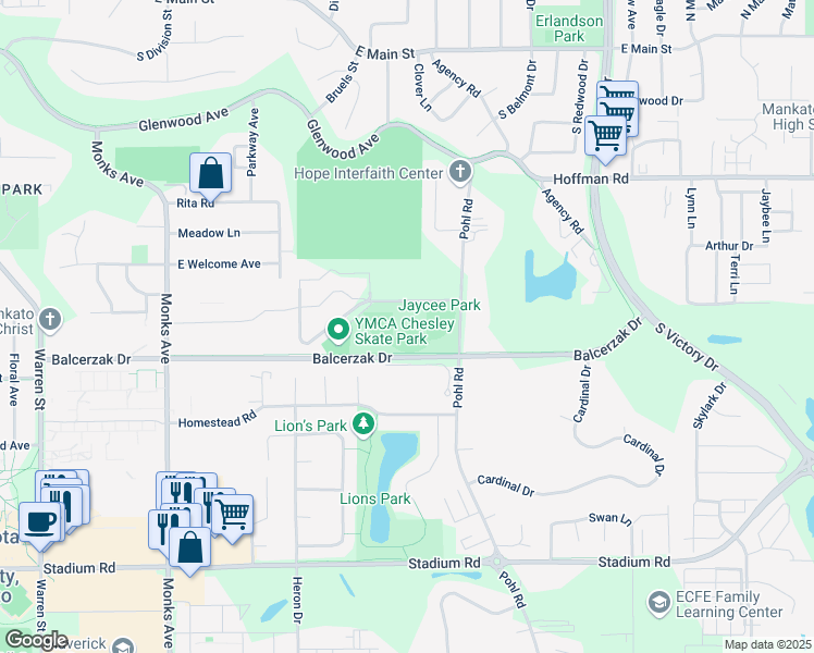 map of restaurants, bars, coffee shops, grocery stores, and more near 147 Jaycee Court in Mankato
