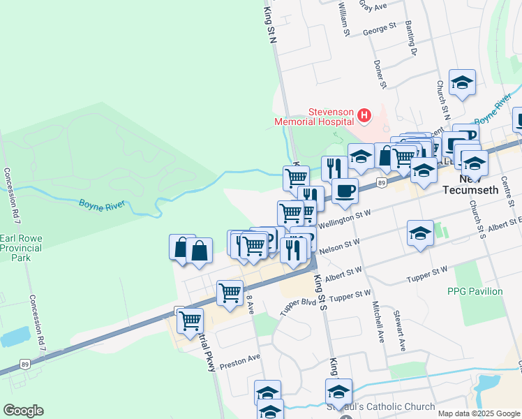 map of restaurants, bars, coffee shops, grocery stores, and more near 26 King Street North in New Tecumseth