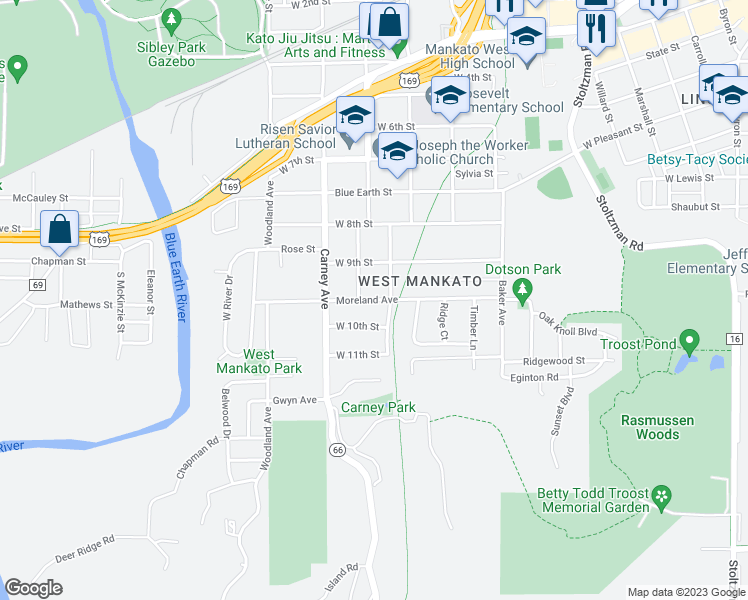 map of restaurants, bars, coffee shops, grocery stores, and more near 445 Moreland Avenue in Mankato