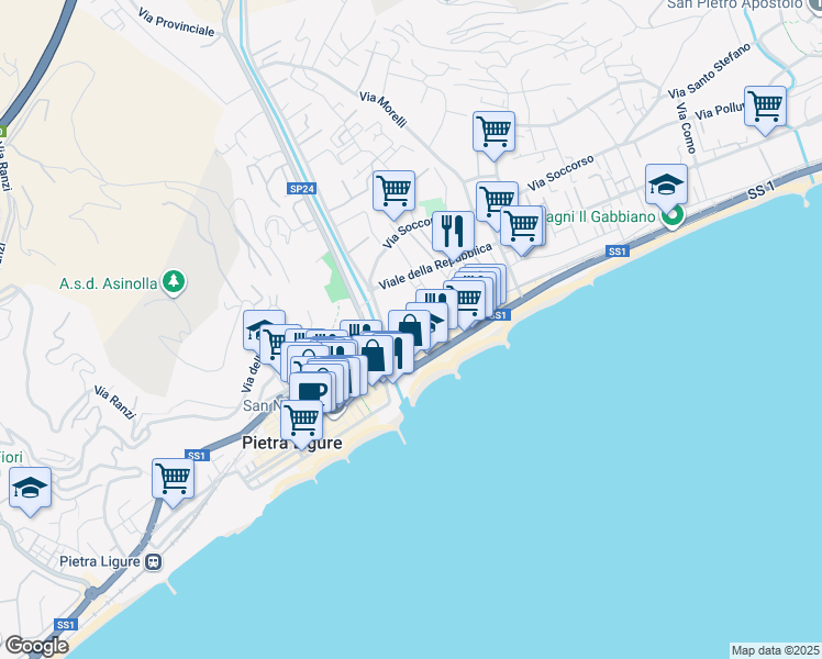 map of restaurants, bars, coffee shops, grocery stores, and more near 63 Via Altini in Pietra Ligure