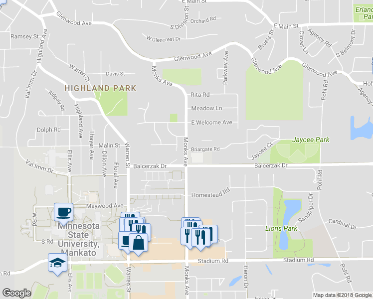 map of restaurants, bars, coffee shops, grocery stores, and more near 100 Briargate Road in Mankato