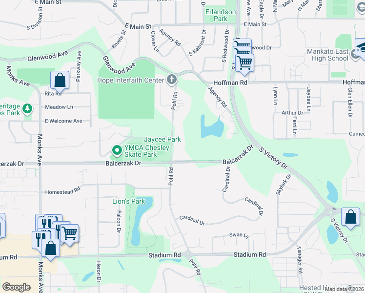 map of restaurants, bars, coffee shops, grocery stores, and more near 1251 Pohl Road in Mankato