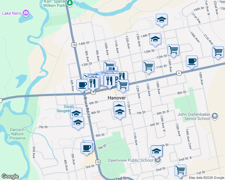 map of restaurants, bars, coffee shops, grocery stores, and more near 325 10th Street in Hanover