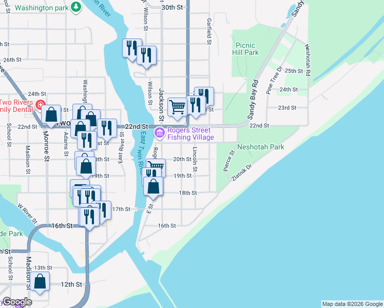 map of restaurants, bars, coffee shops, grocery stores, and more near 2022 Lincoln Street in Two Rivers