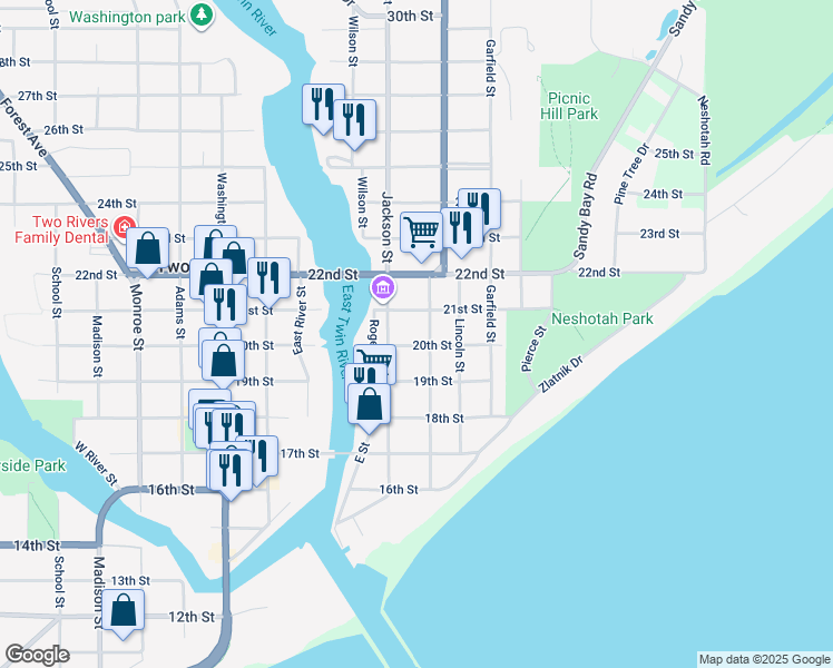 map of restaurants, bars, coffee shops, grocery stores, and more near 1005 21st Street in Two Rivers