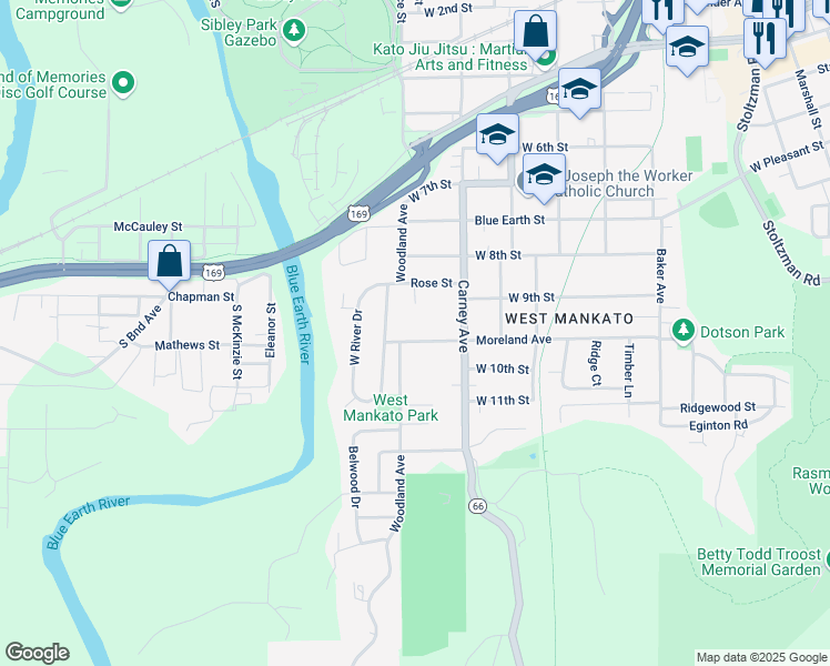 map of restaurants, bars, coffee shops, grocery stores, and more near 115 Allan Court in Mankato