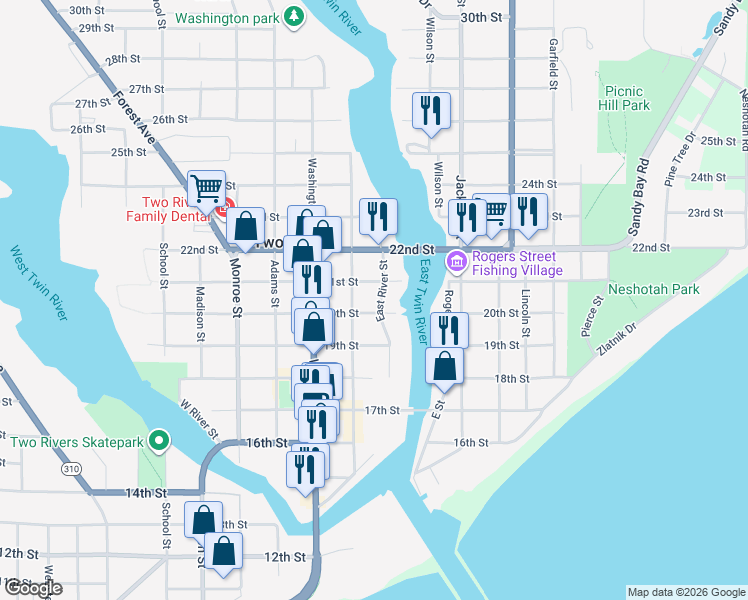 map of restaurants, bars, coffee shops, grocery stores, and more near 2022 East River Street in Two Rivers