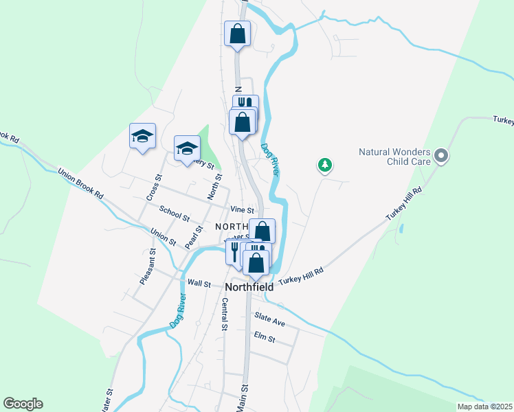 map of restaurants, bars, coffee shops, grocery stores, and more near 258 North Main Street in Northfield