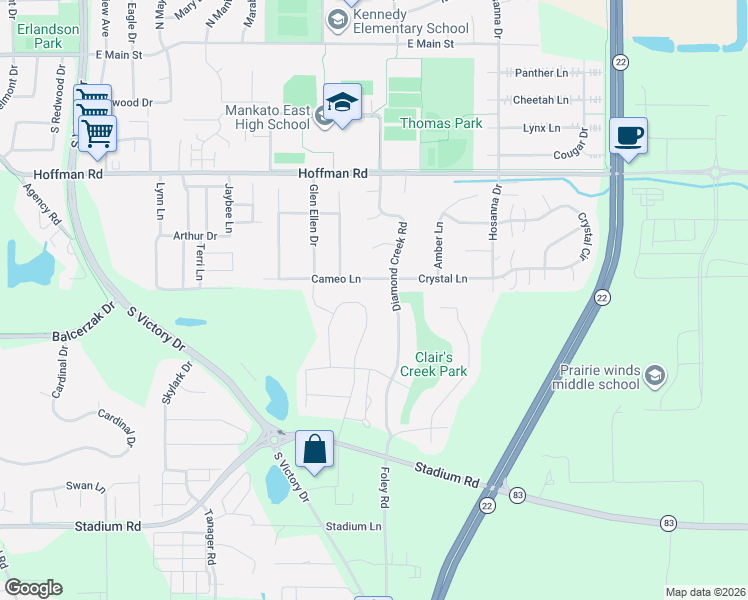 map of restaurants, bars, coffee shops, grocery stores, and more near 125 Cameo Lane in Mankato
