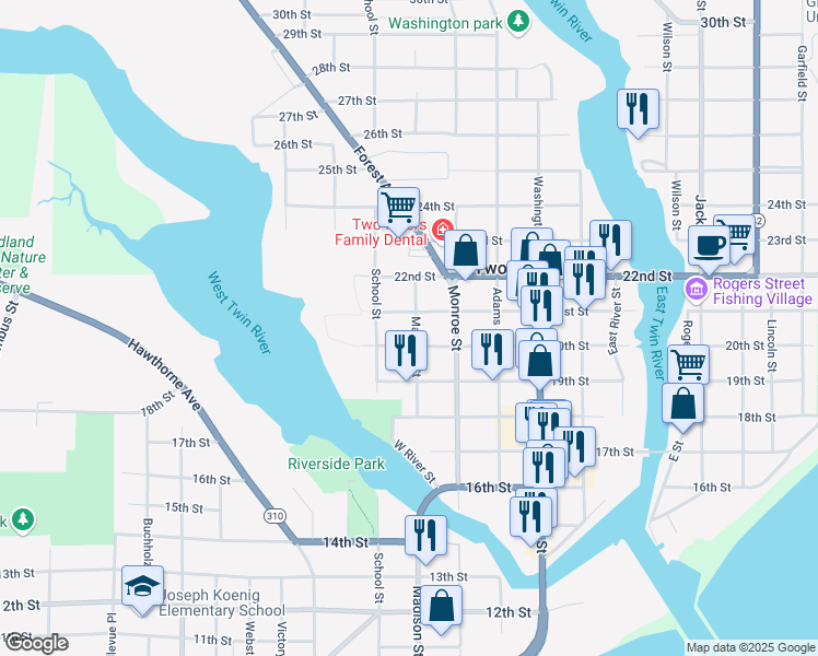 map of restaurants, bars, coffee shops, grocery stores, and more near 1721 21st Street in Two Rivers