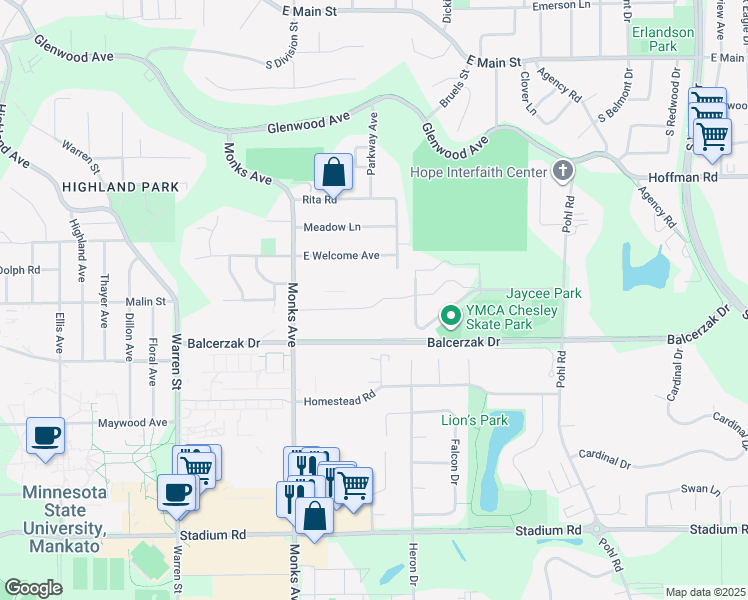 map of restaurants, bars, coffee shops, grocery stores, and more near 200 Briargate Road in Mankato