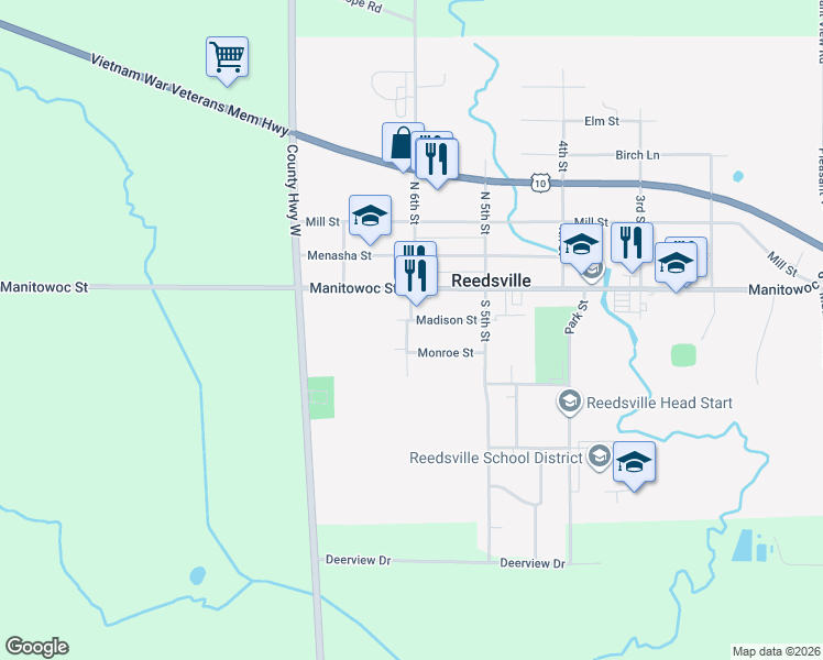 map of restaurants, bars, coffee shops, grocery stores, and more near 547 Madison St in Reedsville
