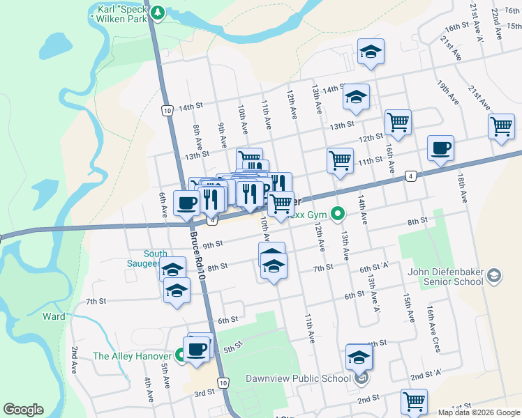 map of restaurants, bars, coffee shops, grocery stores, and more near 10th Street in Hanover