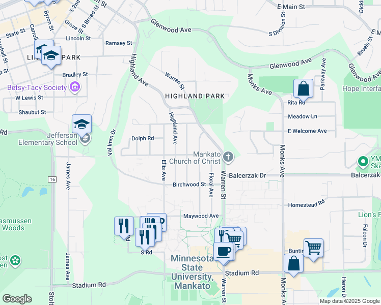 map of restaurants, bars, coffee shops, grocery stores, and more near 136 Thayer Avenue in Mankato