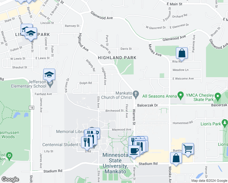 map of restaurants, bars, coffee shops, grocery stores, and more near 108 Malin Street in Mankato