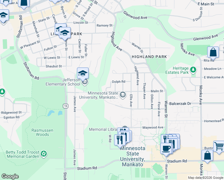 map of restaurants, bars, coffee shops, grocery stores, and more near 313 Dolph Road in Mankato