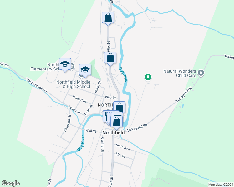 map of restaurants, bars, coffee shops, grocery stores, and more near 258 North Main Street in Northfield