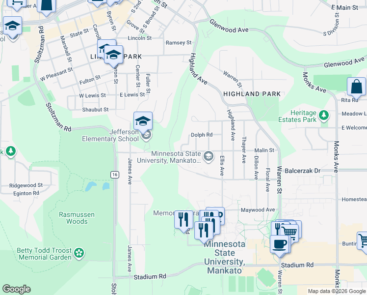 map of restaurants, bars, coffee shops, grocery stores, and more near 336 Dolph Road in Mankato