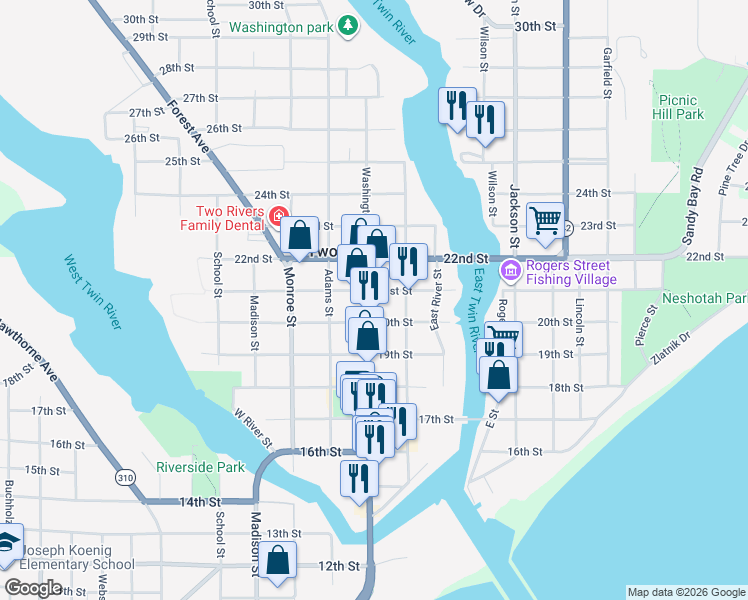 map of restaurants, bars, coffee shops, grocery stores, and more near 2022 Washington Street in Two Rivers