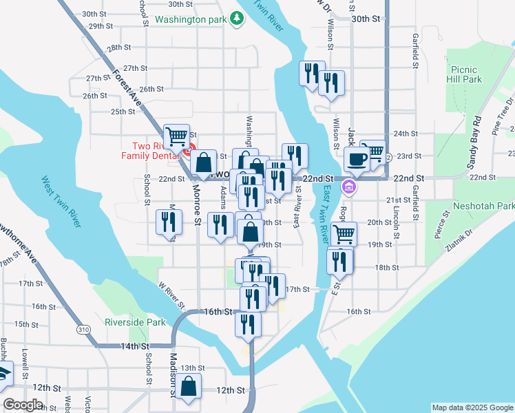 map of restaurants, bars, coffee shops, grocery stores, and more near 2022 Washington Street in Two Rivers