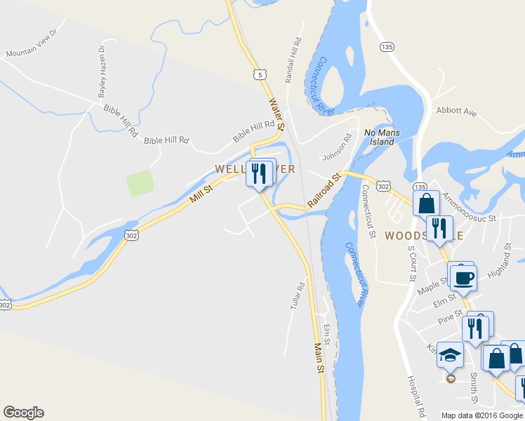 map of restaurants, bars, coffee shops, grocery stores, and more near 51 Main Street North in Newbury