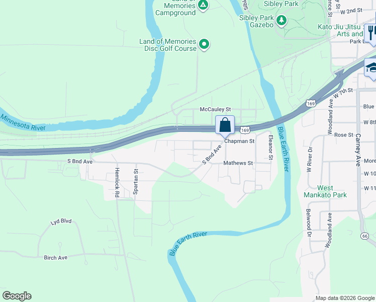 map of restaurants, bars, coffee shops, grocery stores, and more near 211 South Pond Street in Mankato