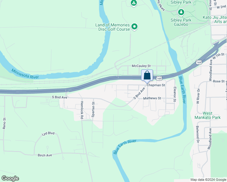 map of restaurants, bars, coffee shops, grocery stores, and more near 211 South Bird Street in Mankato