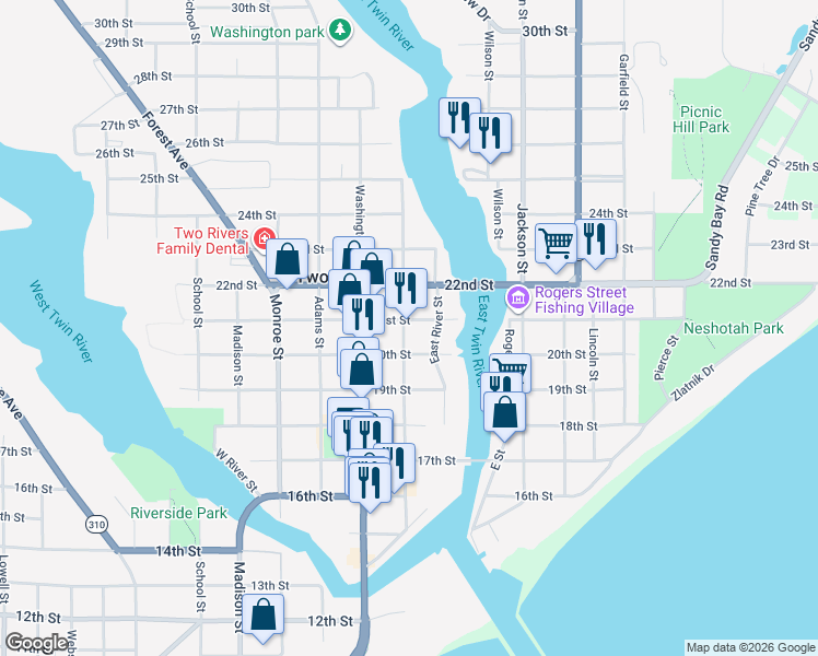 map of restaurants, bars, coffee shops, grocery stores, and more near 2020 Jefferson Street in Two Rivers