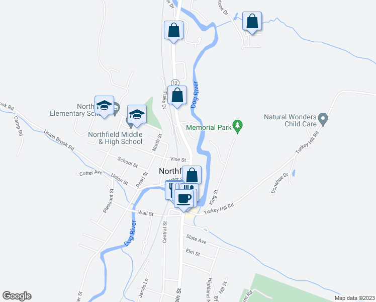 map of restaurants, bars, coffee shops, grocery stores, and more near 233 North Main Street in Northfield