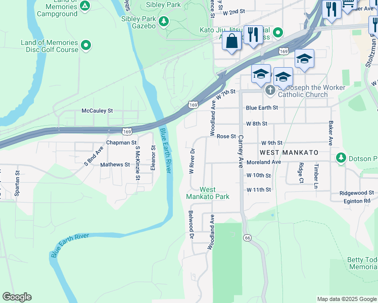 map of restaurants, bars, coffee shops, grocery stores, and more near 1120 West River Drive in Mankato