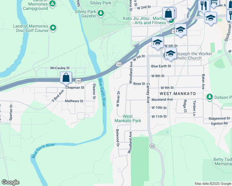map of restaurants, bars, coffee shops, grocery stores, and more near 1120 West River Drive in Mankato