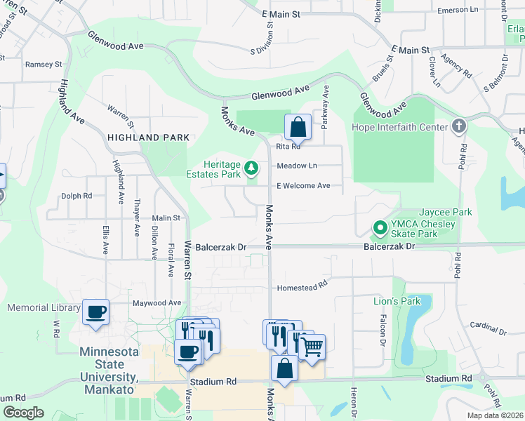 map of restaurants, bars, coffee shops, grocery stores, and more near 9 Devonshire Place in Mankato