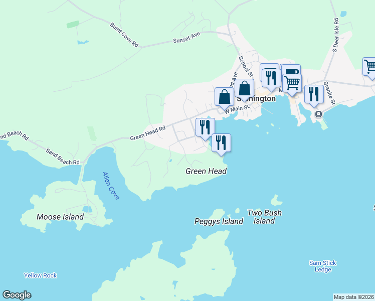 map of restaurants, bars, coffee shops, grocery stores, and more near 28 Green Head Lane in Stonington