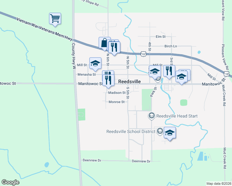 map of restaurants, bars, coffee shops, grocery stores, and more near 529 Madison Street in Reedsville