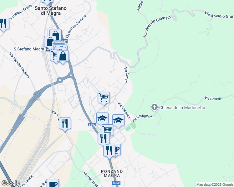 map of restaurants, bars, coffee shops, grocery stores, and more near 73 Via Cerreti in Santo Stefano di Magra
