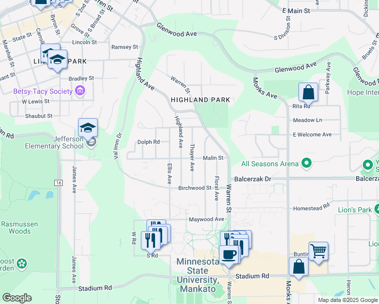 map of restaurants, bars, coffee shops, grocery stores, and more near 136 Thayer Avenue in Mankato