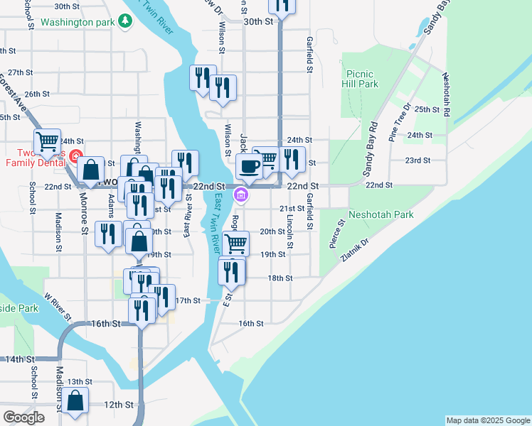 map of restaurants, bars, coffee shops, grocery stores, and more near 1005 21st Street in Two Rivers