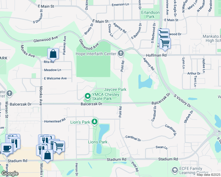 map of restaurants, bars, coffee shops, grocery stores, and more near 147 Jaycee Court in Mankato