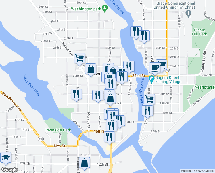 map of restaurants, bars, coffee shops, grocery stores, and more near 2022 Washington Street in Two Rivers