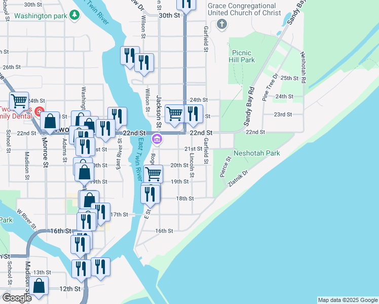 map of restaurants, bars, coffee shops, grocery stores, and more near 2022 Lincoln Street in Two Rivers