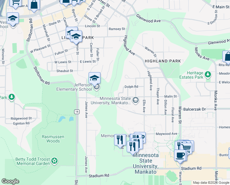map of restaurants, bars, coffee shops, grocery stores, and more near 336 Dolph Road in Mankato