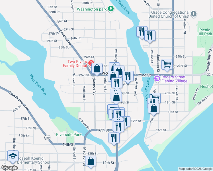 map of restaurants, bars, coffee shops, grocery stores, and more near 2023c Adams Street in Two Rivers