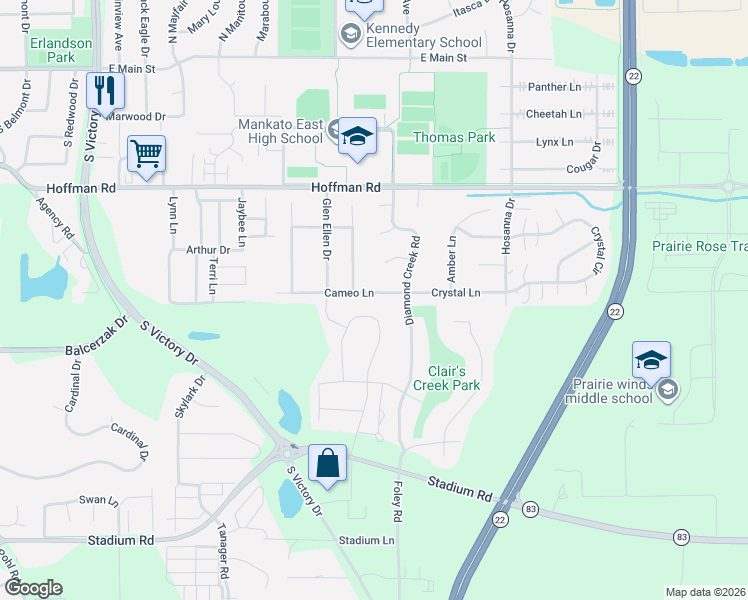 map of restaurants, bars, coffee shops, grocery stores, and more near 125 Cameo Lane in Mankato