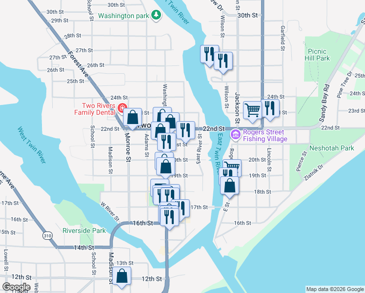 map of restaurants, bars, coffee shops, grocery stores, and more near 2020 Jefferson Street in Two Rivers