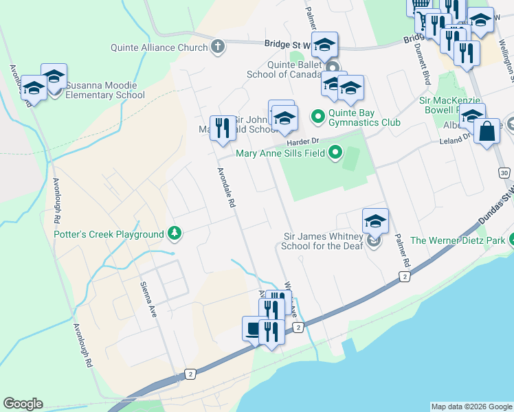 map of restaurants, bars, coffee shops, grocery stores, and more near 18 Walmsley Place in Belleville
